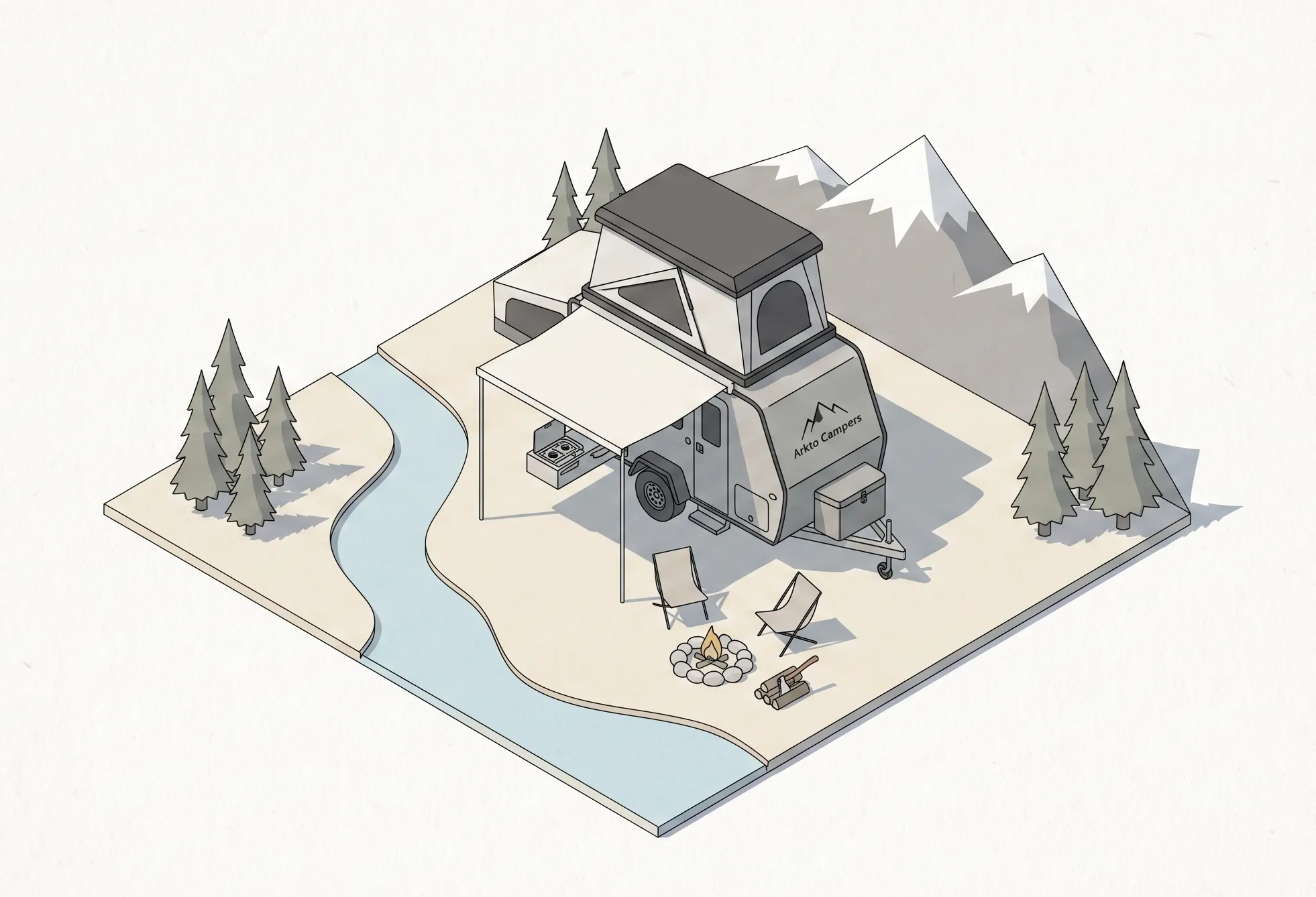 Illustrated ARKTO travel trailer at a mountain campsite