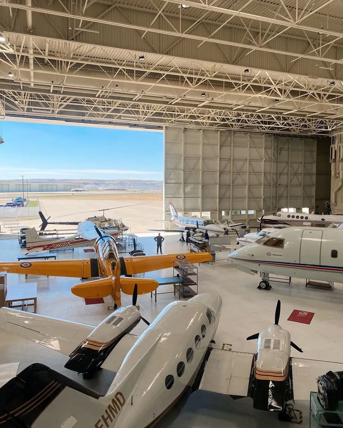 Professional inspection drone in an aerospace hangar
